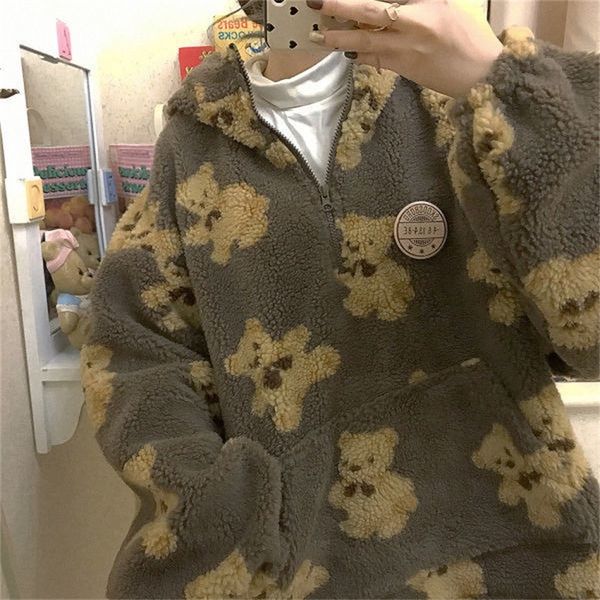 

woherb japanese kawaii cartoon bear hoodies women casual oversized faux fur autumn winter fleece sweatshirt hoody pullover 201208, Black