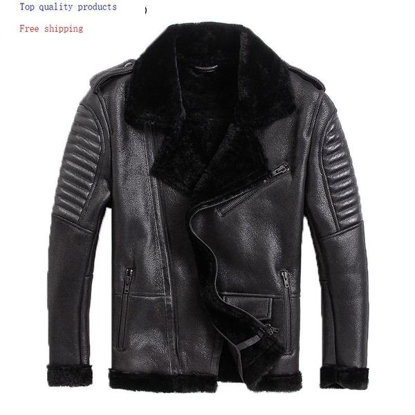 

men's leather & faux genuine jacket men winter sheepskin coat warm motorcycle sheep shearling man wool lining coats kj2914, Black