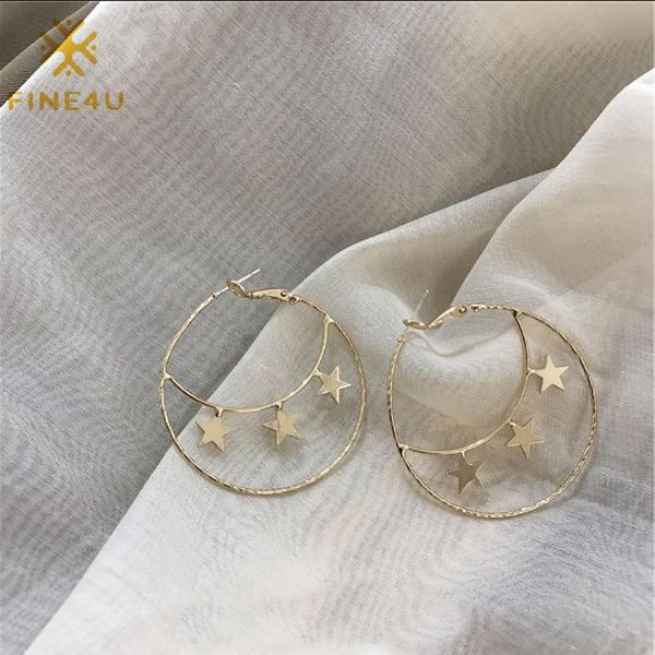 

fine4u e210 stainless steel round open hoop earrings star statement dangle drop earrings minimalist hypoallergenic jewelry, Golden;silver