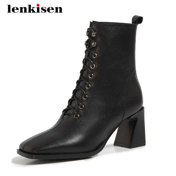 

boots lenkisen 2021 work genuine leather cross-tied gorgeous square toe thick high heel zipper office lady dress ankle l01, Black