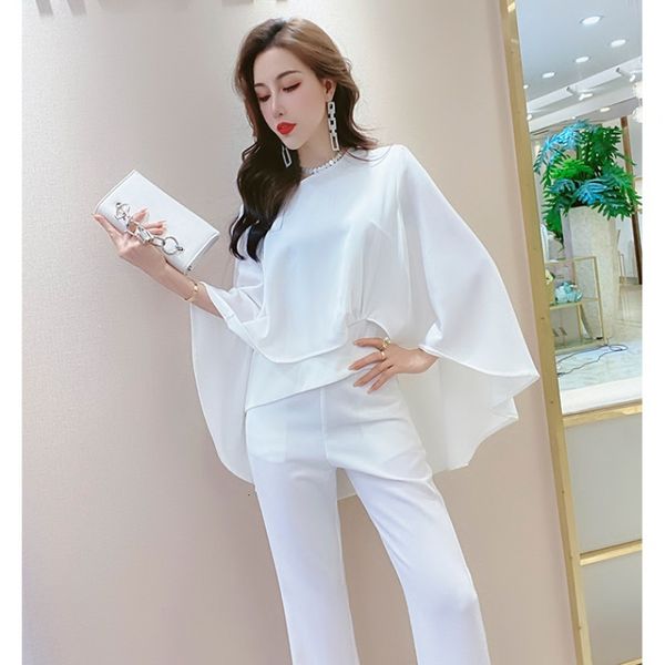 

design female office together two pieces and sleeve batwing pants gu86, White