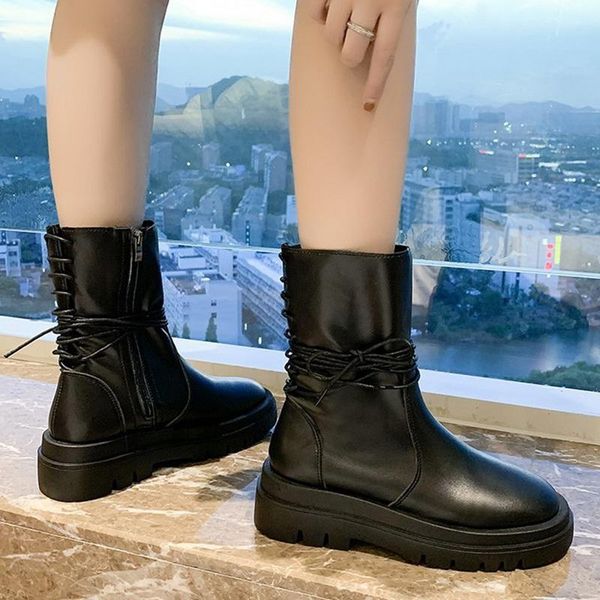 

winter boots women mid calf boots ladies fashion pu leather zipper non slip motorcycle shoe plush warm fashion woman shoes 2020, Black