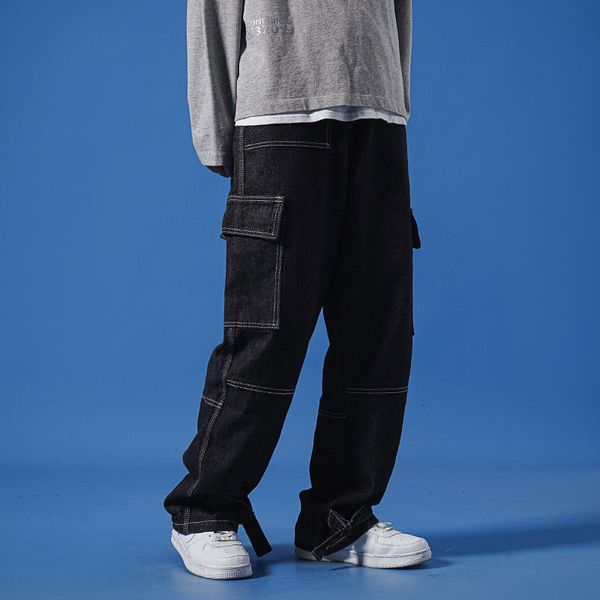 

2021 new men's casual hip hop autumn winter new woman korean streetwear denim pants solid color fashion man jeans pk63, Blue