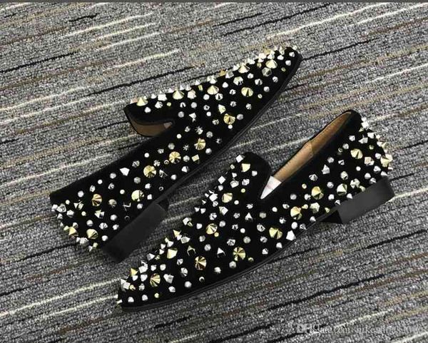 

box] cowhide [with suede spikes men's spiked red bottom dress business shoes luxury party wedding shoes genuine leather spike, Black