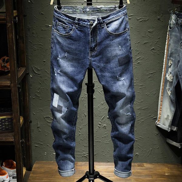 

mens jeans in the spring of 2020 high street youth fashion male elastic cultivate morality printed denim trousers, Blue
