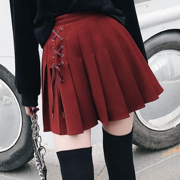 

women lace up front fashion preppy style high waist pleated skirt wind cosplay skirt kawaii female mini skirts short under it, Black