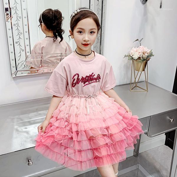 girl's dresses teen girls layered gradient pink purple cake dress sequined letter print baby princess clothes bow dance 4-14y1, Red;yellow