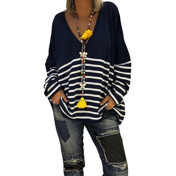 

2020 new women clothing plus size autumn winter knitting autumn and winter print striped v-neck long-sleeved blouse sweater, White;black