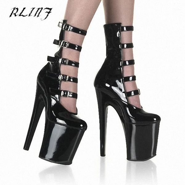 

2020 new fashion belt buckle black patent leather low boots 20 cm high heel shoes large size short boots 34-461