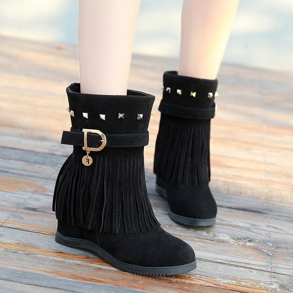 

bohemian gypsy bohemian national wind female tassel fringe suede and ankle boots women's shoes 7cm increased short boots, Black