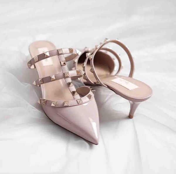 

summer rockstuds slipper sandals studded ladies pointed toe women's designer mules heels party dress wedding beach slide sandalias eu35, Black