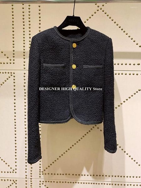 

high-end runway design solid wool blends tweed jacket women new fashion o-neck gold single breasted retro elegant autumn coat1, Black