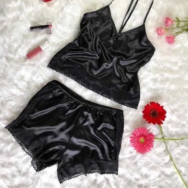 

women pajamas sets sleepwear 2pcs satin lace sleeveless pijama mujer summer pyjamas lingerie cami nightwear homewear, Black;white