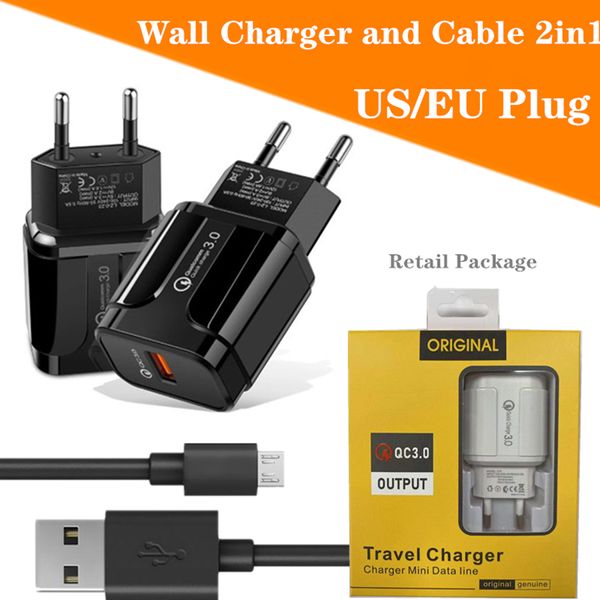 Wandladegerät und Kabelset 2IN1 QC3.0 USB Schneller EU/US-Stecker Reiseladegerät Netzteil Zubehör Micro/Typc-USB-Kabel mit Einzelhandelsverpackung