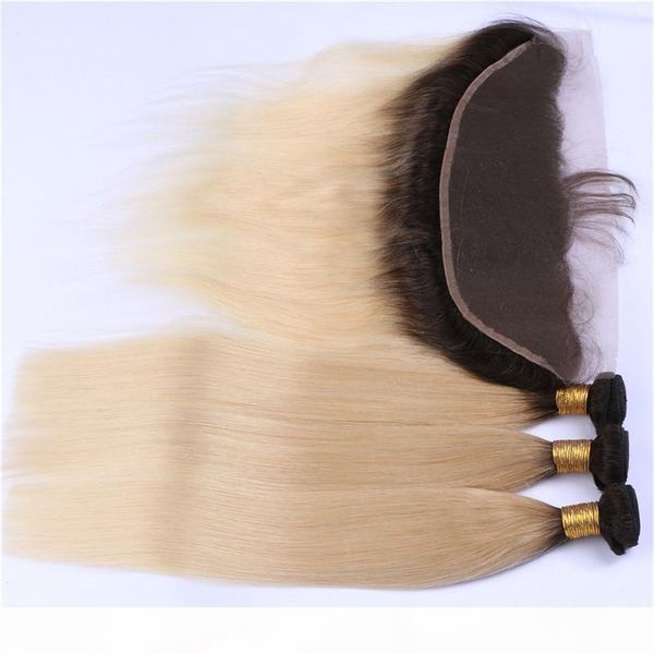 

ombre blonde human hair weaves with lace frontal dark root 1b 613 blonde ombre 13x4 full lace frontal closure with indian hair 3bundles, Black;brown