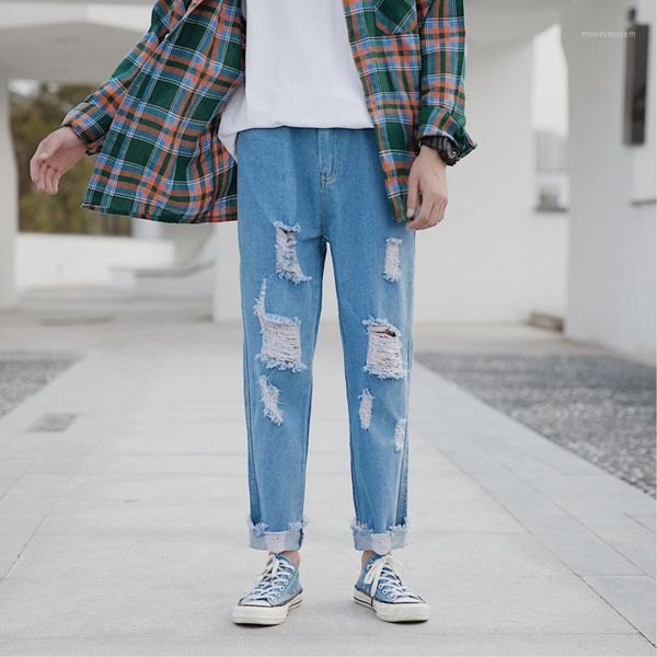 

summer new jeans men slim fashion washed solid color torn holes denim pants man streetwear wild hip hop trousers male clothes1, Blue