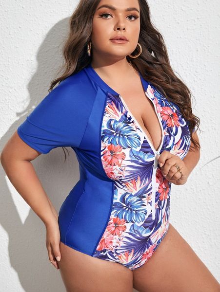 

plus tropical print zipper front one piece swimsuit y1p1#, Black