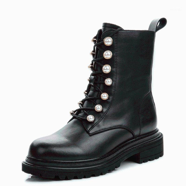 

boots 2021 autumn and winter women's shoes leather retro pearl buckle plus velvet thick heel ladies ins style wome1, Black