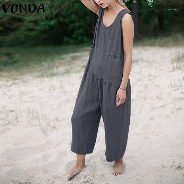 

vonda cotton rompers womens jumpsuit summer 2020 casual loose playsuits long wide leg pants vintage overalls plus size1, Black;white