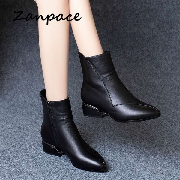 

zanpace 2020 fashion winter women's high keep warm pointed toe leather shoes plus velvet platform women ankle boots, Red;white