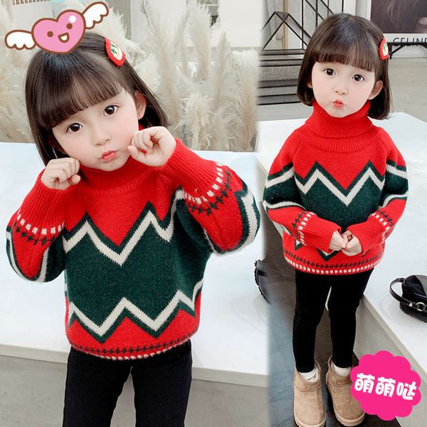

2020 girls' turtleneck sweater plush amp; thickened new foreign sle autumn & winter baby's knitted pullover, Blue