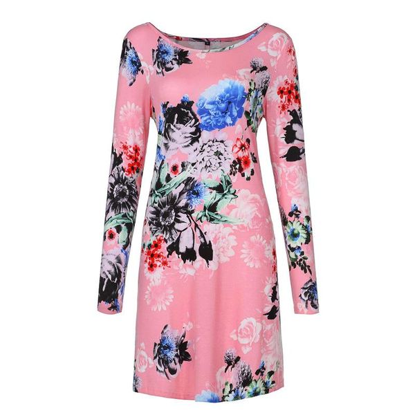 

women dresses ladies fashion pullover round neck bohemian print pocket long sleeve cotton dress new style for winter vestido#40, Black;gray