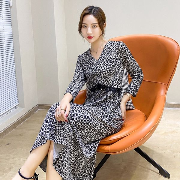 

2020 autumn new women's dress wave point v-neck cotton-padded clothes slim high waist long sleeve knitted cotton dress fashion 05gvn, Black;gray
