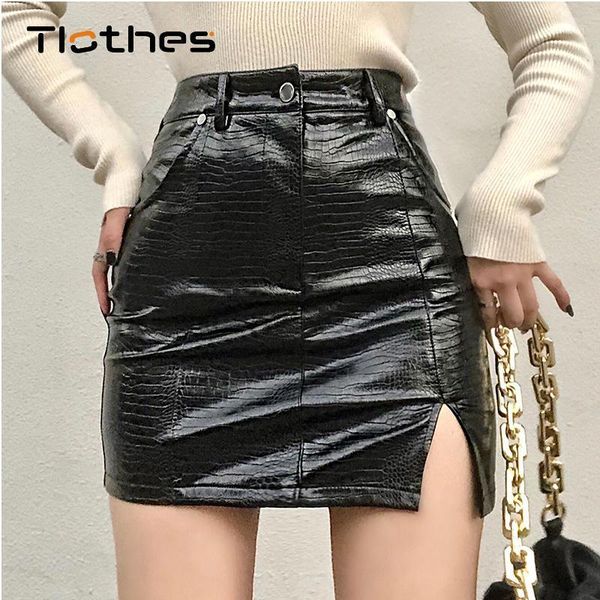 

streetwear pu leather skirt women high waist slim zipper crocodile pattern skirts womens elegant split mini skirts casual1, Black