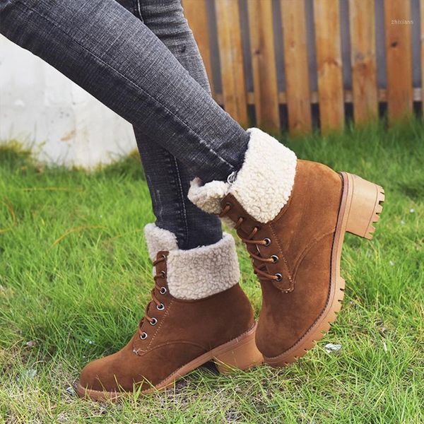 

fur lined lace up block heels warm boots women winter snow ankle boots solid low heeled round toe ladies suede booties mujer d251, Black