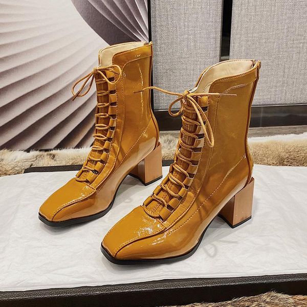 

boots women 2021 autumn shoes thick heel ankle high heels black woman retro brown