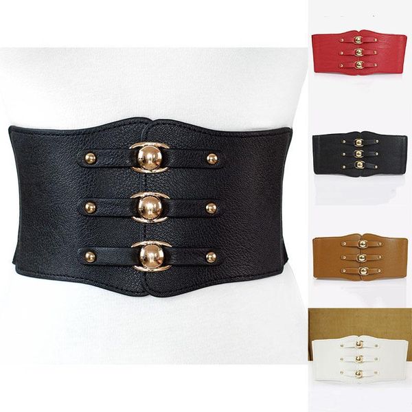 

new fashion women wide belt cummerbunds brand metal buckle elastic waistband female pu leather rivet ultra elastic wide belt, Black;brown