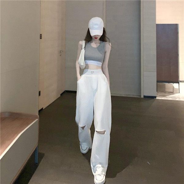 

2020 new summer female fashion suit women slim strappy sleevless high waist wide leg hole loose pants two pieces set z100, Gray