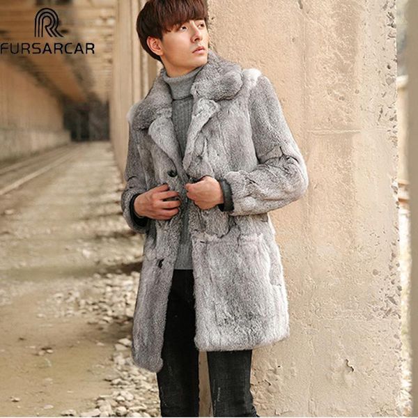 

fursarcar winter fur coat thick warm coats with fur turndown collar 80cm long natural rex real jacket for men1, Black