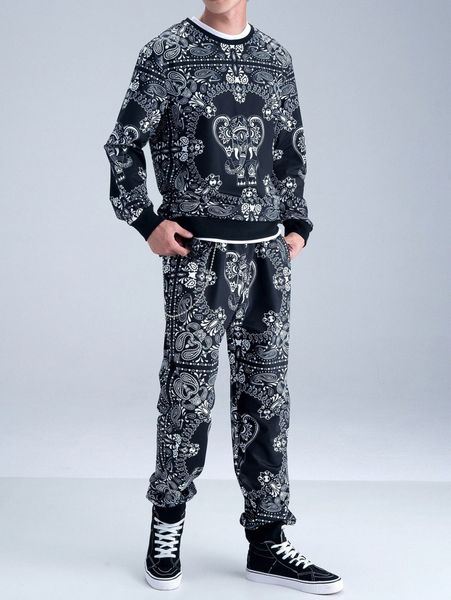 

men elephant and paisley print sweatshirt & sweatpants without tee 32tf#, Gray