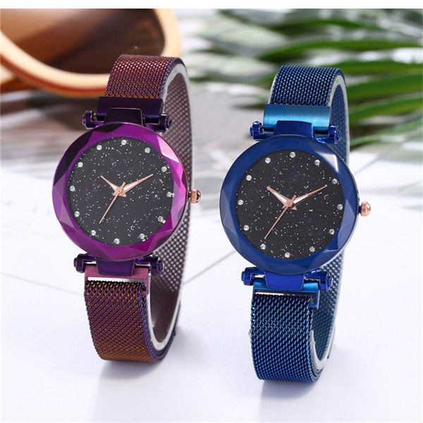 

1pc fashion women quartz watches stainless steel band mesh magnet buckle starry sky analog wrist watch relojes clock mechanism, Silver