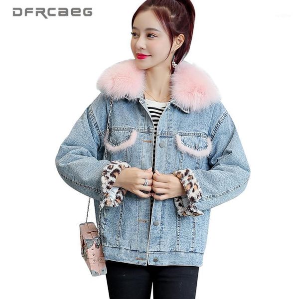 

loose thick fur collar denim jacket for women 2021 streetwear warm winter coat jeans vintage female outwear clothes1, Black;brown