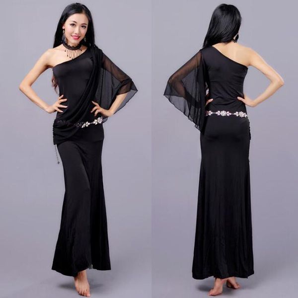 

new shoulder design bellydance practice clothes oriental dancing costume 4 colors, Black;red