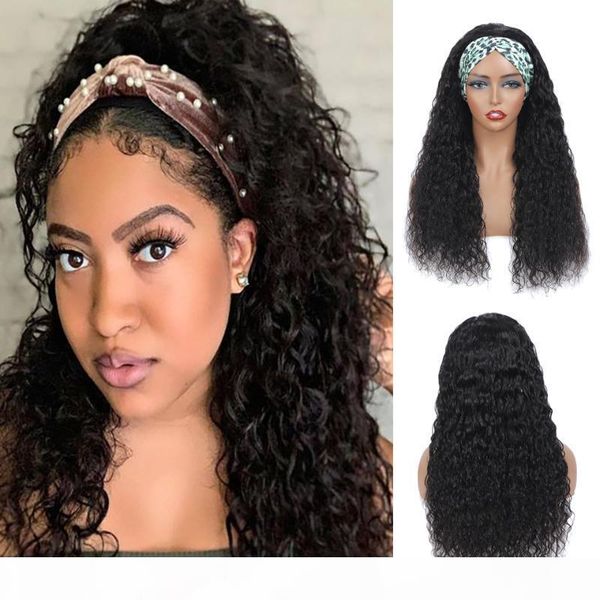 

water wave headband wig human hair wigs for black women brazilian wig natural color no gel glueless remy curly human hair wigs, Black;brown