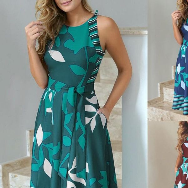 

dress women summer casual round neck sleeveless leaf print splice sashes big swing dress with belt dress z4, Black;gray