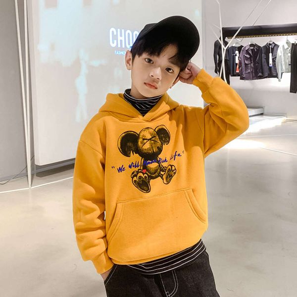 

plush 2021 sweater winter new fashion boys' middle school children's thickened cartoon hooded pullover, Black