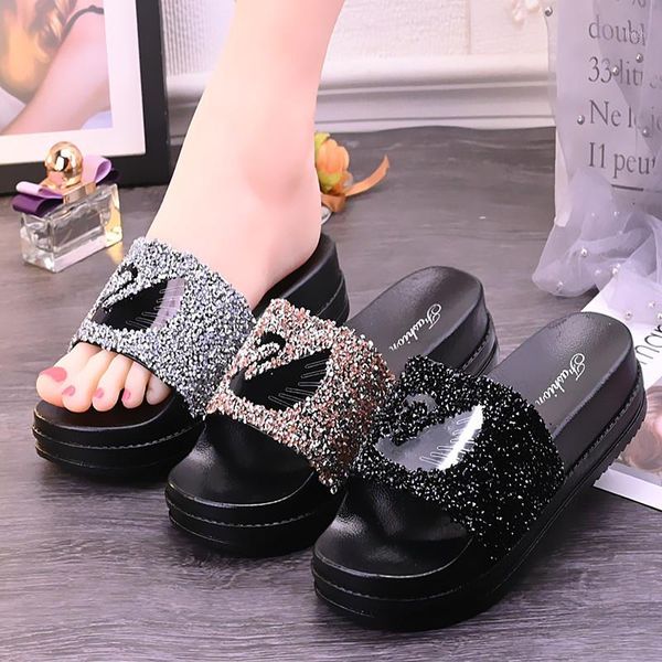 

slippers casual women's fashion thick bottom platform bling cartoon pattern black shoes for female beach slides slipper1