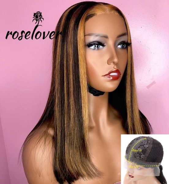 

roselover 180% transparent lace highlight wig ombre brown honey blonde short bob wig lace part colored human hair wigs, Black;brown