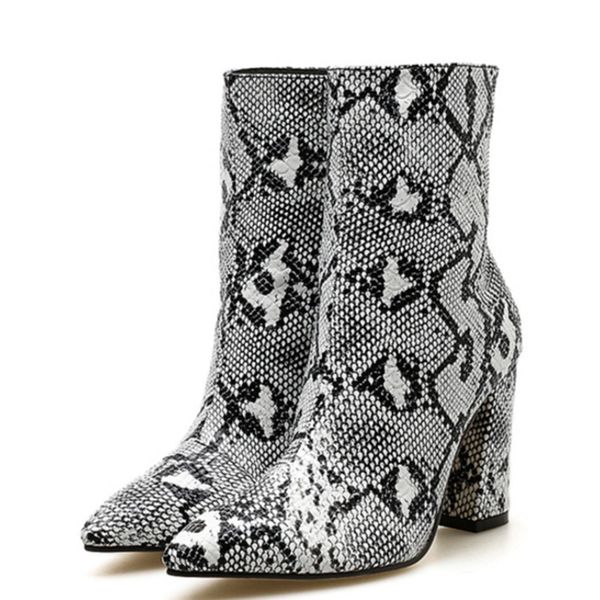 

women boots shoe high heels boots botas toe ankle snakeskin boots block square heels snake print chunky bootie shoes c0129, Black