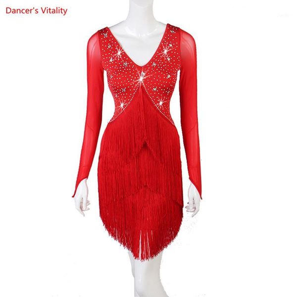 

women latin dance dress customize size rhinestone long sleeves red tassel stage play performance professional salsa suit1, Black;red