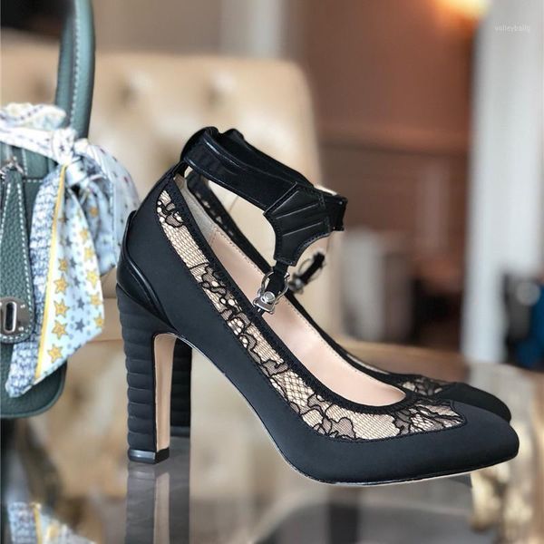 

fashion gladiator sandals woman shoes high heels cut out lace black party zapatos de mujer tacon cuadradol designer brand1