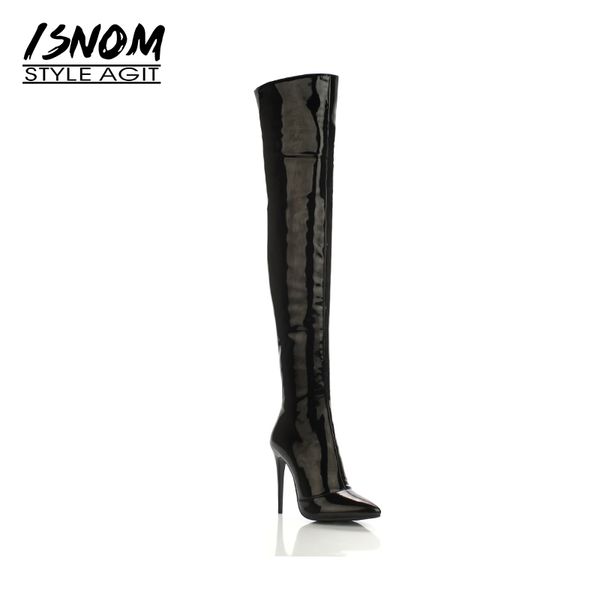 

boots isnom winter high heels over knee women zipper pointed toe stiletto pu footwear 2021 fashion short plush female shoes, Black