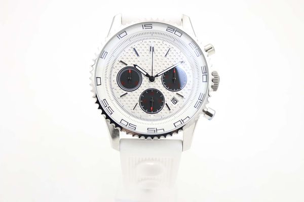 

swiss brand watches quartz chronograph white ceramic bezel steel special edition mens cassic wristwatch rubber strap, Slivery;brown