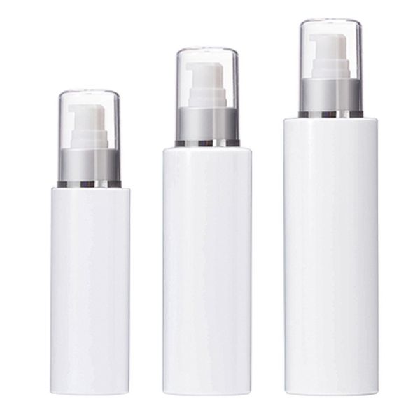 

packaging white plastic bottle flat shoulder pet silver collar with cover lotion press pump empty portable cosmetic refillable container 100