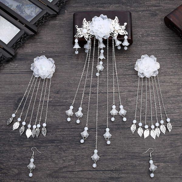 

antique hair accessories set flower tassel hairpin stage performance costume headdress accessories, White;black