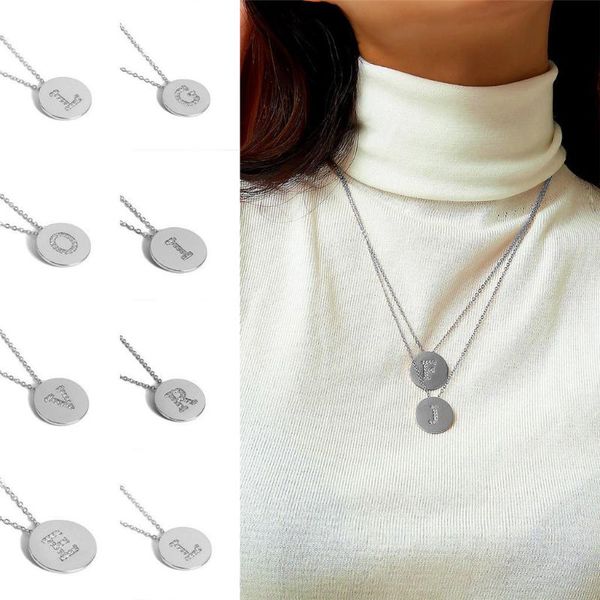 

2020 new simple zircon round necklace letter a-z sweater chain necklace jewelry collar female personality 26-letter naszyjnik#c9, Silver